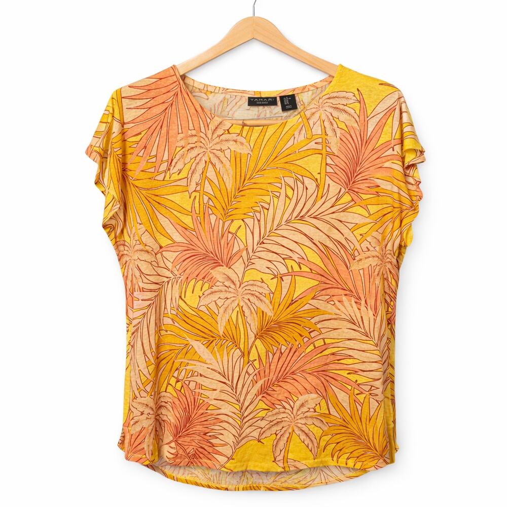 Tahari Blouse Womens Size XL Orange Yellow Tropical Print 100% Linen Resortwear